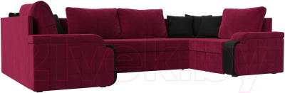 Диван П-образный Лига Диванов Николь / 113279 (микровельвет бордовый/экокожа черный) - фото