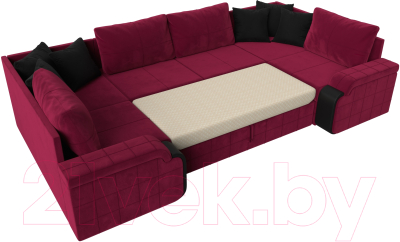 Диван П-образный Лига Диванов Николь / 113279 (микровельвет бордовый/экокожа черный)