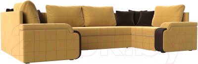 Диван П-образный Лига Диванов Николь / 113280 (микровельвет желтый/экокожа коричневый) - фото
