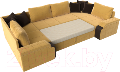 Диван П-образный Лига Диванов Николь / 113280 (микровельвет желтый/экокожа коричневый)
