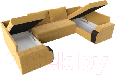 Диван П-образный Лига Диванов Николь / 113280 (микровельвет желтый/экокожа коричневый)