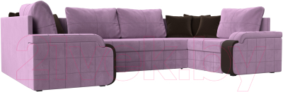 Диван П-образный Лига Диванов Николь / 113282 (микровельвет сиреневый/экокожа коричневый) - фото