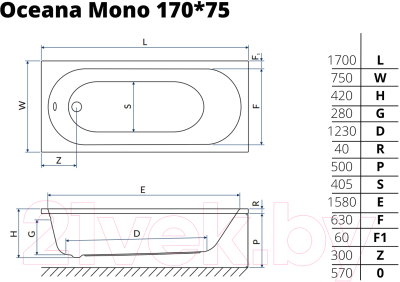 Ванна акриловая Excellent Oceana Mono 170x75