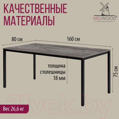 Обеденный стол Millwood Сеул Л 160x80x75 (сосна пасадена/металл черный)