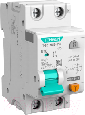 Дифференциальный автомат Tengen TGB1NLE-63Y 1P+N 16A B 6kA 30mA AC 2M / TEN312112 - фото