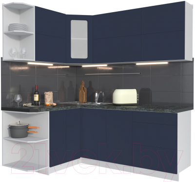 Кухонный гарнитур Интерлиния Мила Матте 1.5x2.0 А левая (индиго/индиго глянец/кастилло темный) - фото