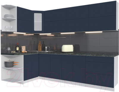 Кухонный гарнитур Интерлиния Мила Матте 1.5x2.8 А левая (индиго/индиго глянец/кастилло темный) - фото