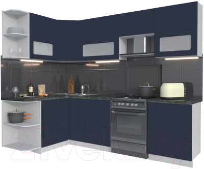 Кухонный гарнитур Интерлиния Мила Матте 1.5x2.6 Б левая (индиго/индиго глянец/кастилло темный) - фото