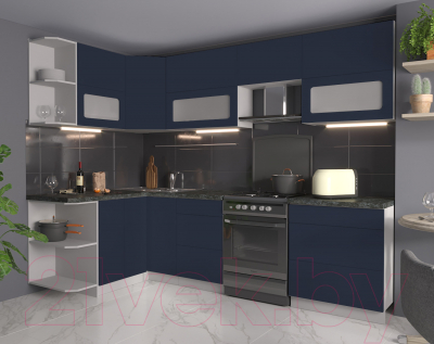 Кухонный гарнитур Интерлиния Мила Матте 1.5x2.7 Б левая (индиго/индиго глянец/кастилло темный)