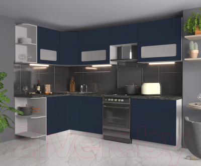 Кухонный гарнитур Интерлиния Мила Матте 1.5x2.8 Б левая (индиго/индиго глянец/кастилло темный)