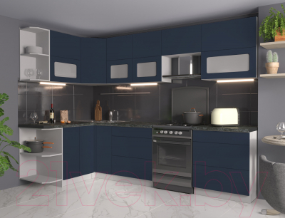 Кухонный гарнитур Интерлиния Мила Матте 1.5x2.9 Б левая (индиго/индиго глянец/кастилло темный)