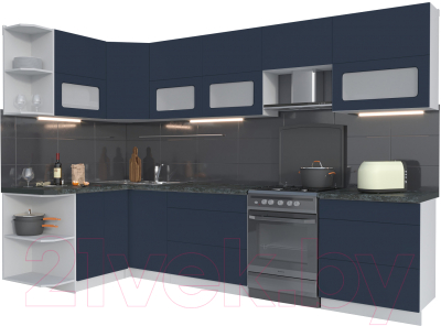 Кухонный гарнитур Интерлиния Мила Матте 1.5x3.1 Б левая (индиго/индиго глянец/кастилло темный) - фото