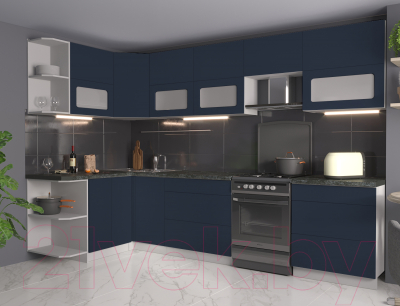 Кухонный гарнитур Интерлиния Мила Матте 1.5x3.1 Б левая (индиго/индиго глянец/кастилло темный)