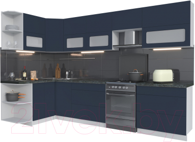 Кухонный гарнитур Интерлиния Мила Матте 1.5x3.2 Б левая (индиго/индиго глянец/кастилло темный) - фото
