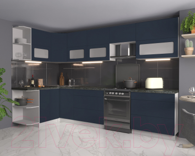 Кухонный гарнитур Интерлиния Мила Матте 1.5x3.2 Б левая (индиго/индиго глянец/кастилло темный)