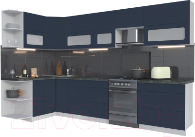 Кухонный гарнитур Интерлиния Мила Матте 1.5x3.3 Б левая (индиго/индиго глянец/кастилло темный) - фото