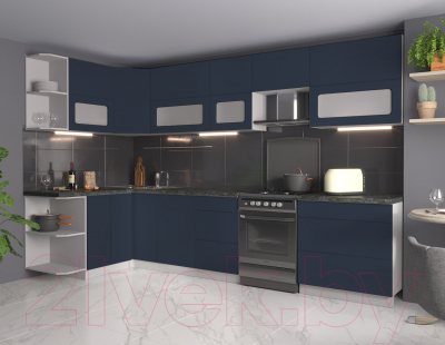 Кухонный гарнитур Интерлиния Мила Матте 1.5x3.3 Б левая (индиго/индиго глянец/кастилло темный)