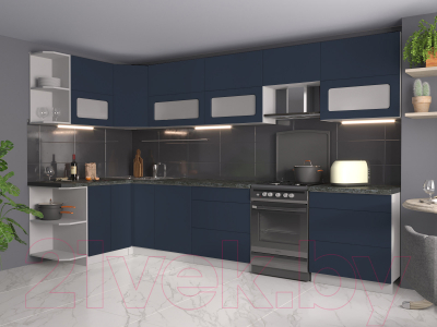 Кухонный гарнитур Интерлиния Мила Матте 1.5x3.4 Б левая (индиго/индиго глянец/кастилло темный)