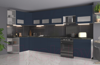 Кухонный гарнитур Интерлиния Мила Матте 1.5x3.8 Б левая (индиго/индиго глянец/кастилло темный)