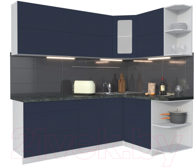 Кухонный гарнитур Интерлиния Мила Матте 1.5x2.2 А правая (индиго/индиго глянец/кастилло темный) - фото