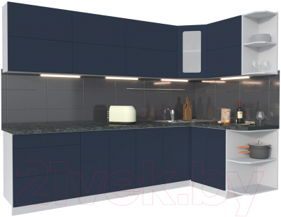 Кухонный гарнитур Интерлиния Мила Матте 1.5x2.8 А правая (индиго/индиго глянец/кастилло темный) - фото