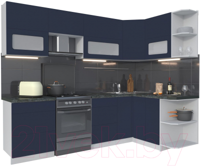 Кухонный гарнитур Интерлиния Мила Матте 1.5x2.6 Б правая (индиго/индиго глянец/кастилло темный) - фото