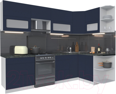 Кухонный гарнитур Интерлиния Мила Матте 1.5x2.7 Б правая (индиго/индиго глянец/кастилло темный) - фото