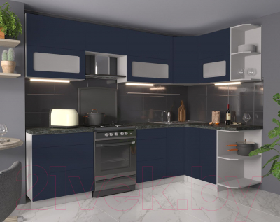 Кухонный гарнитур Интерлиния Мила Матте 1.5x2.7 Б правая (индиго/индиго глянец/кастилло темный)