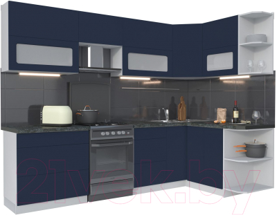Кухонный гарнитур Интерлиния Мила Матте 1.5x2.8 Б правая (индиго/индиго глянец/кастилло темный) - фото