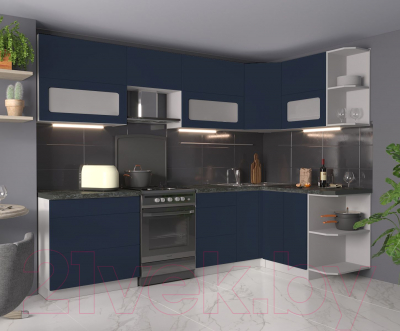 Кухонный гарнитур Интерлиния Мила Матте 1.5x2.8 Б правая (индиго/индиго глянец/кастилло темный)