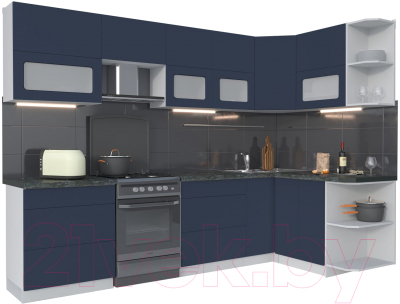 Кухонный гарнитур Интерлиния Мила Матте 1.5x2.9 Б правая (индиго/индиго глянец/кастилло темный) - фото