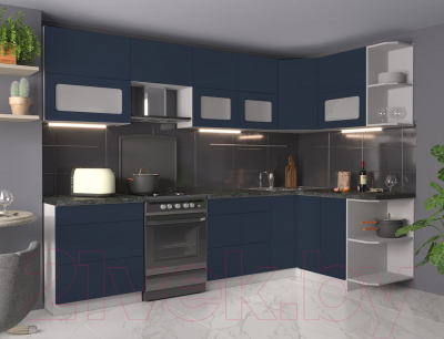 Кухонный гарнитур Интерлиния Мила Матте 1.5x2.9 Б правая (индиго/индиго глянец/кастилло темный)