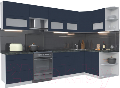Кухонный гарнитур Интерлиния Мила Матте 1.5x3.1 Б правая (индиго/индиго глянец/кастилло темный) - фото