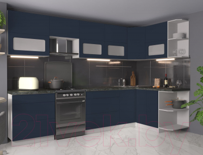 Кухонный гарнитур Интерлиния Мила Матте 1.5x3.1 Б правая (индиго/индиго глянец/кастилло темный)