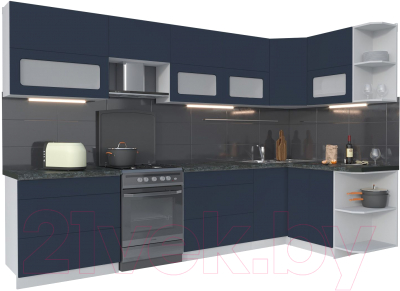 Кухонный гарнитур Интерлиния Мила Матте 1.5x3.2 Б правая (индиго/индиго глянец/кастилло темный) - фото