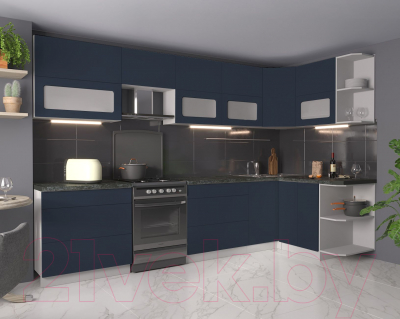 Кухонный гарнитур Интерлиния Мила Матте 1.5x3.2 Б правая (индиго/индиго глянец/кастилло темный)