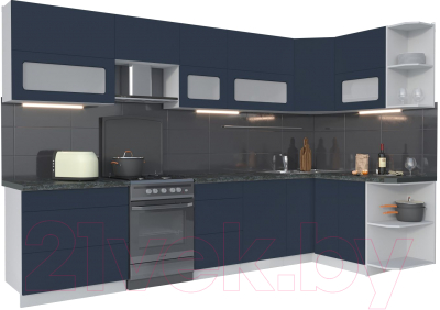 Кухонный гарнитур Интерлиния Мила Матте 1.5x3.3 Б правая (индиго/индиго глянец/кастилло темный) - фото