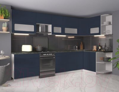 Кухонный гарнитур Интерлиния Мила Матте 1.5x3.3 Б правая (индиго/индиго глянец/кастилло темный)
