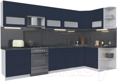 Кухонный гарнитур Интерлиния Мила Матте 1.5x3.4 Б правая (индиго/индиго глянец/кастилло темный) - фото