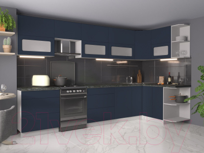 Кухонный гарнитур Интерлиния Мила Матте 1.5x3.4 Б правая (индиго/индиго глянец/кастилло темный)
