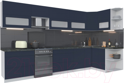 Кухонный гарнитур Интерлиния Мила Матте 1.5x3.6 Б правая (индиго/индиго глянец/кастилло темный) - фото