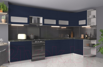Кухонный гарнитур Интерлиния Мила Матте 1.5x3.6 Б правая (индиго/индиго глянец/кастилло темный)
