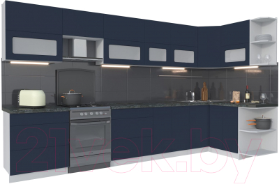 Кухонный гарнитур Интерлиния Мила Матте 1.5x3.7 Б правая (индиго/индиго глянец/кастилло темный) - фото