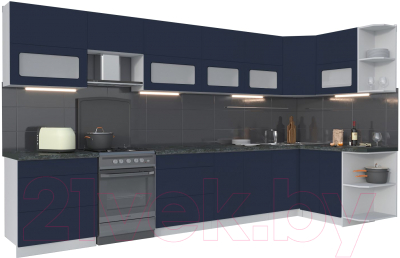 Кухонный гарнитур Интерлиния Мила Матте 1.5x3.8 Б правая (индиго/индиго глянец/кастилло темный) - фото