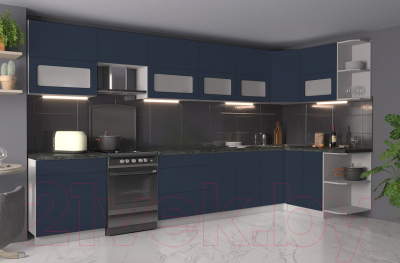 Кухонный гарнитур Интерлиния Мила Матте 1.5x3.8 Б правая (индиго/индиго глянец/кастилло темный)