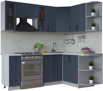 Кухонный гарнитур Интерлиния Тренд 1.5x2.1 правая (индиго/индиго/опал светлый) - фото