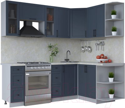 Кухонный гарнитур Интерлиния Тренд 1.5x2.2 правая (индиго/индиго/опал светлый) - фото