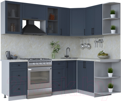 Кухонный гарнитур Интерлиния Тренд 1.5x2.3 правая (индиго/индиго/опал светлый) - фото