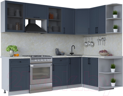 Кухонный гарнитур Интерлиния Тренд 1.5x2.6 правая (индиго/индиго/опал светлый) - фото