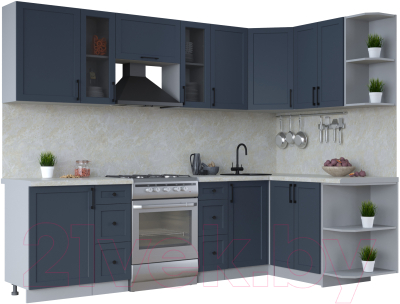 Кухонный гарнитур Интерлиния Тренд 1.5x2.7 правая (индиго/индиго/опал светлый) - фото
